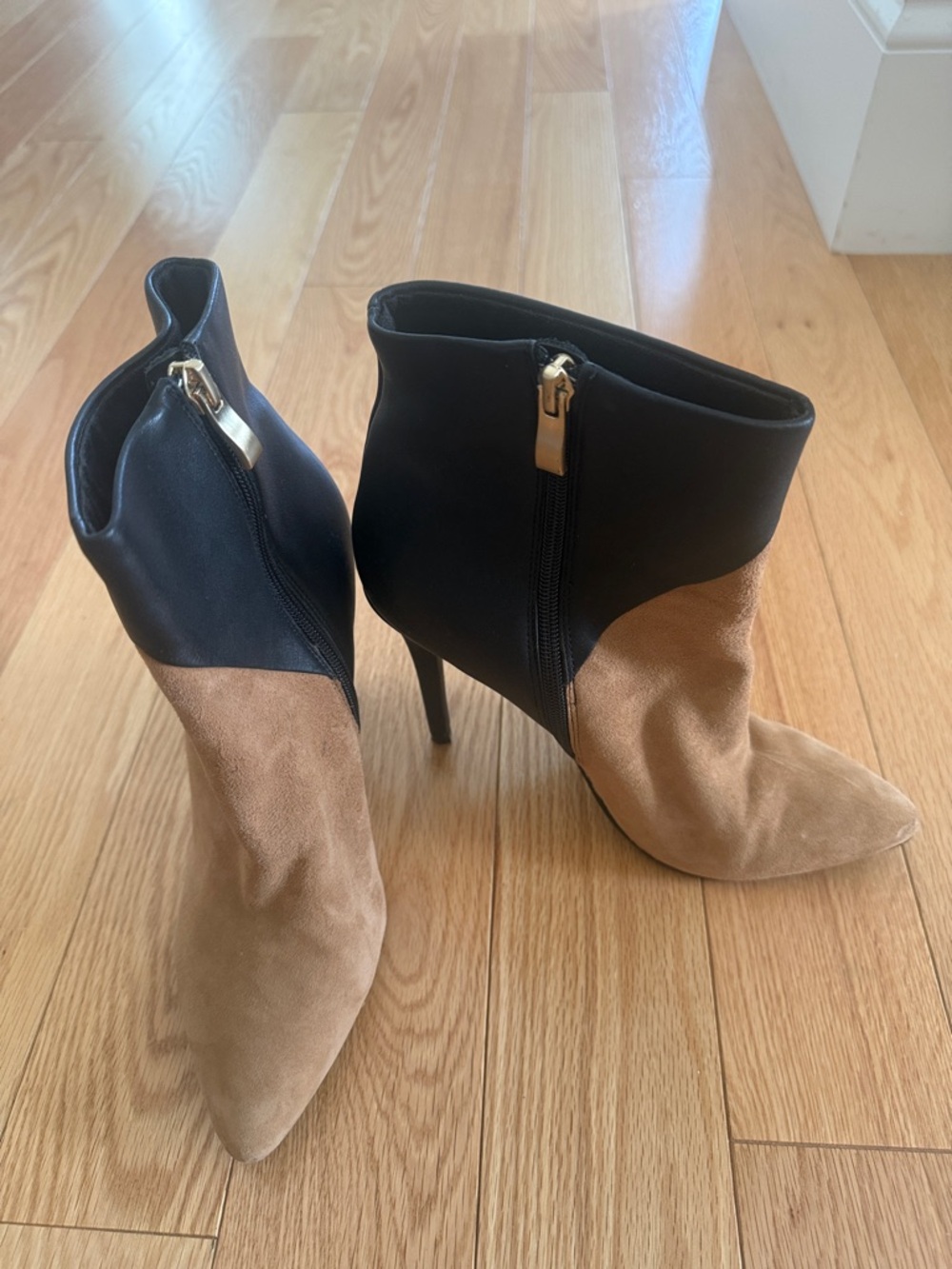 Black and Tan Two-Tone Suede and leather  Ankle Boots with Side Zip
